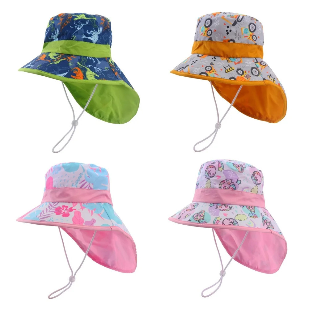 Panama Summer bucket Hat for Boys Girls Cartoon Childrens Beach Shawl Hat Kids Wide Brim UV Protection Outdoor Sun Cap 250326
