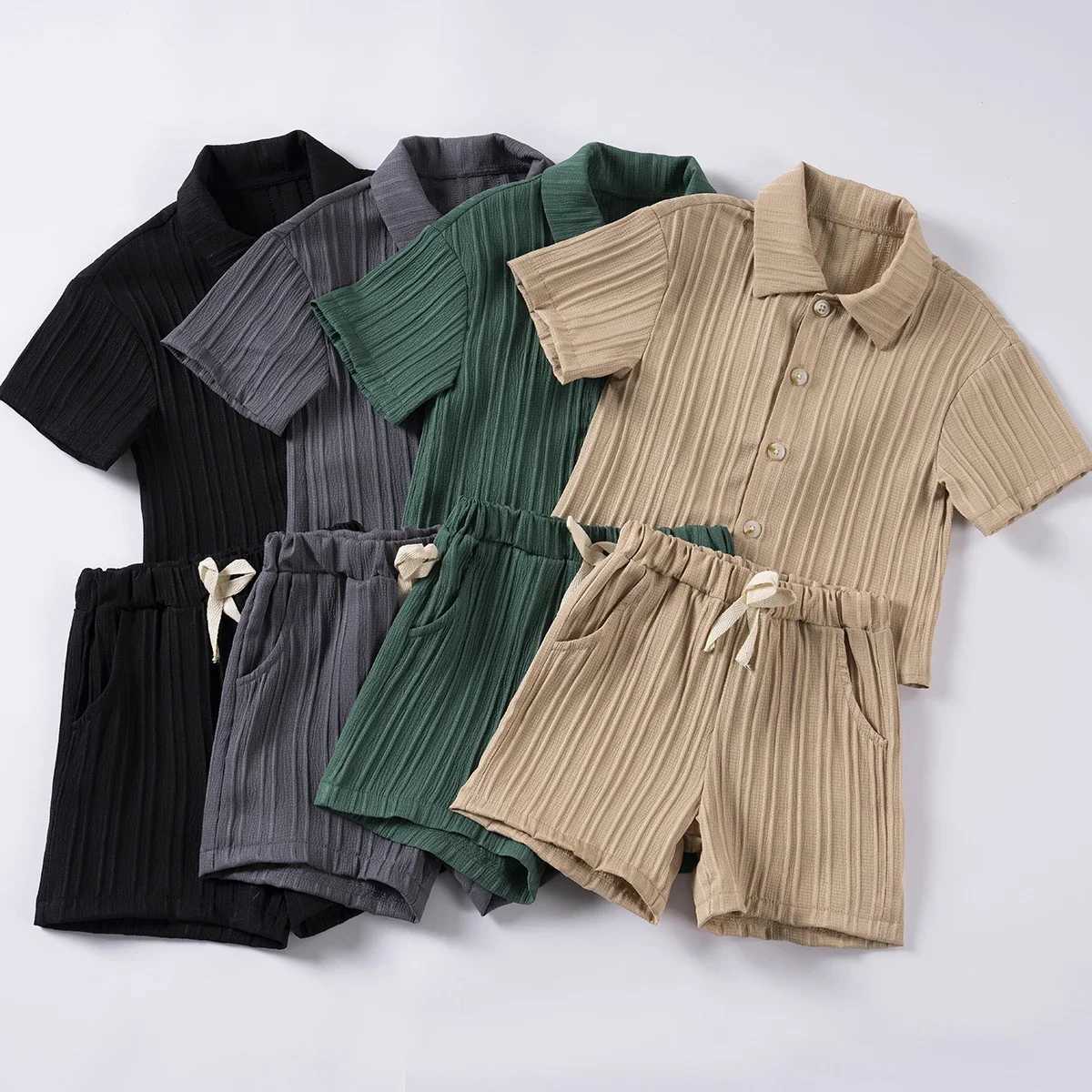 Boys Summer Set Solid Color Collar Short Sleeve Shirt Top and Shorts Loose Set Daily Travel or Family Fashion SetT250327
