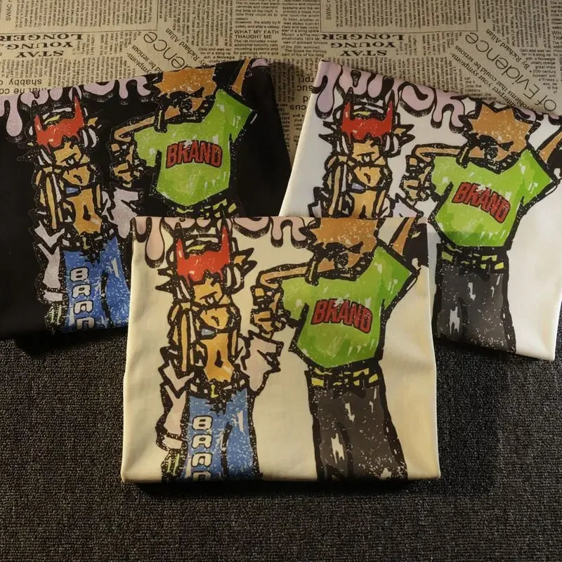 Fashionable American Street Cartoon Printed Tshirt for Men and Women Summer Y2K Hip Hop Loose Cotton Half Sleeve Top 250318
