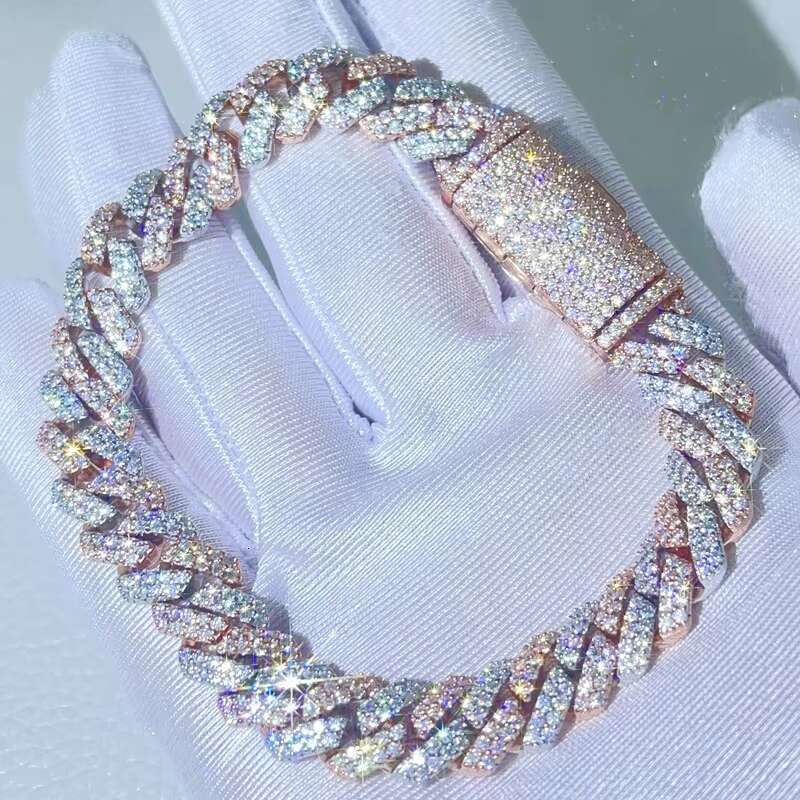Men Fashion 13mm Rose Gold 2 Tone Vvs Moissanite Diamond Iced Out Chain Hip Hop