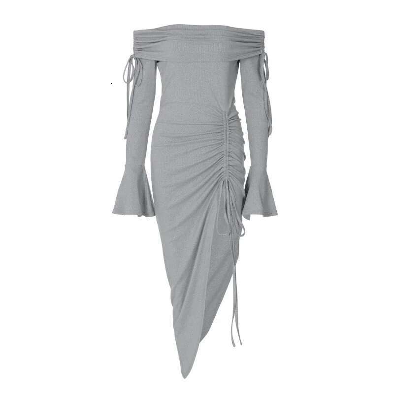 Dongdumaoyi Nieuwe Sexy Bustier One Shoulder Klokmouwen Patchwork Trekkoord Steekjurk C