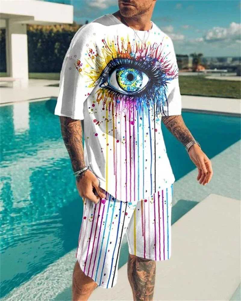 Mens short sleeved T-shirt 3D geometric pattern print daily hiking sportswear streetwear two-piece set summer new itemXJ250326