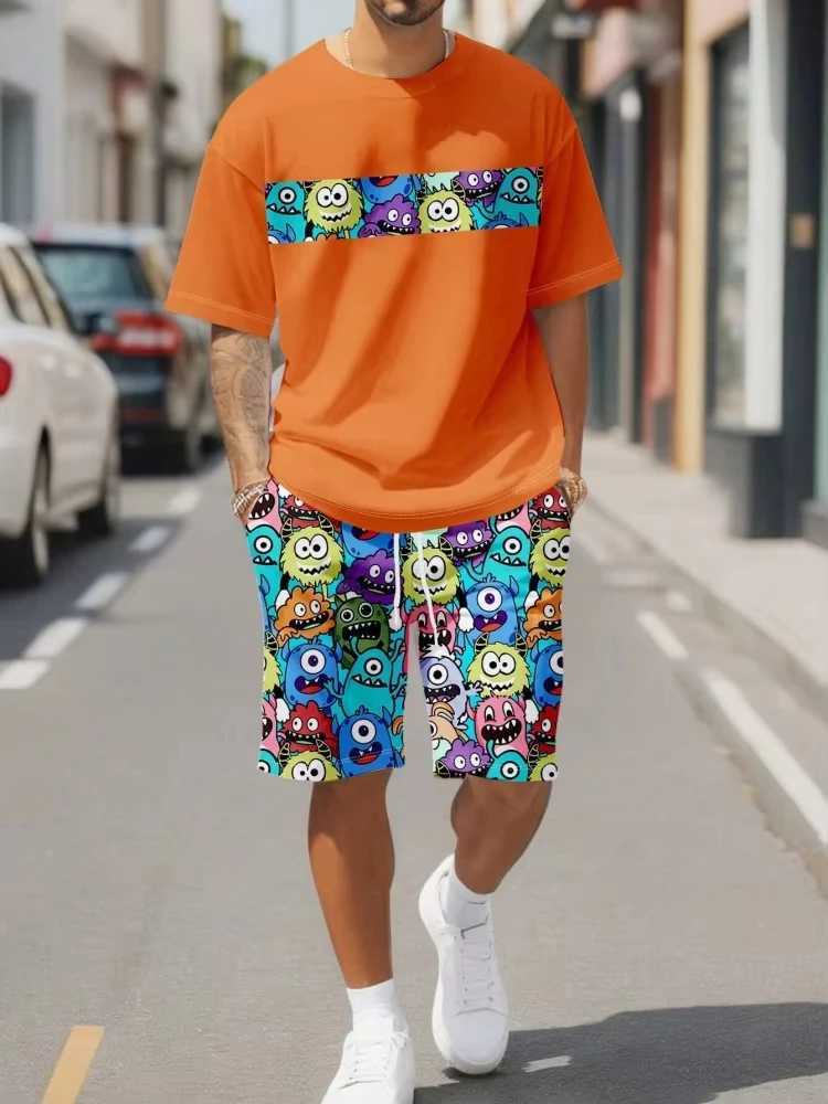 Cute cartoon print summer casual mens clothing city fashion street short sleeved top and shorts casual lightweight breathable COMFXJ250326