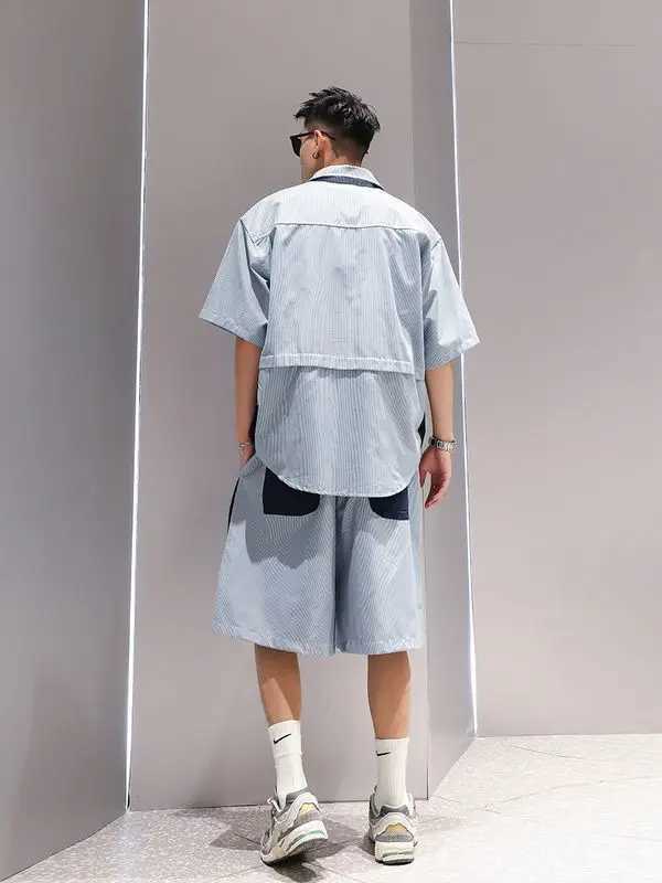 Fake Two piece Color Combination Suit Mens Fashion Loose Large Pocket Design Short Sleeve Shirt and Short Sleeve Two piece SetXJ250326