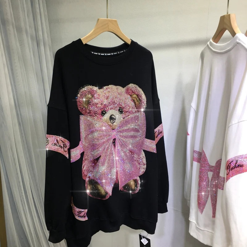 Large size sportswear Kawaii bear bow tie diamond print cute casual full match womens autumn and winter top 250326