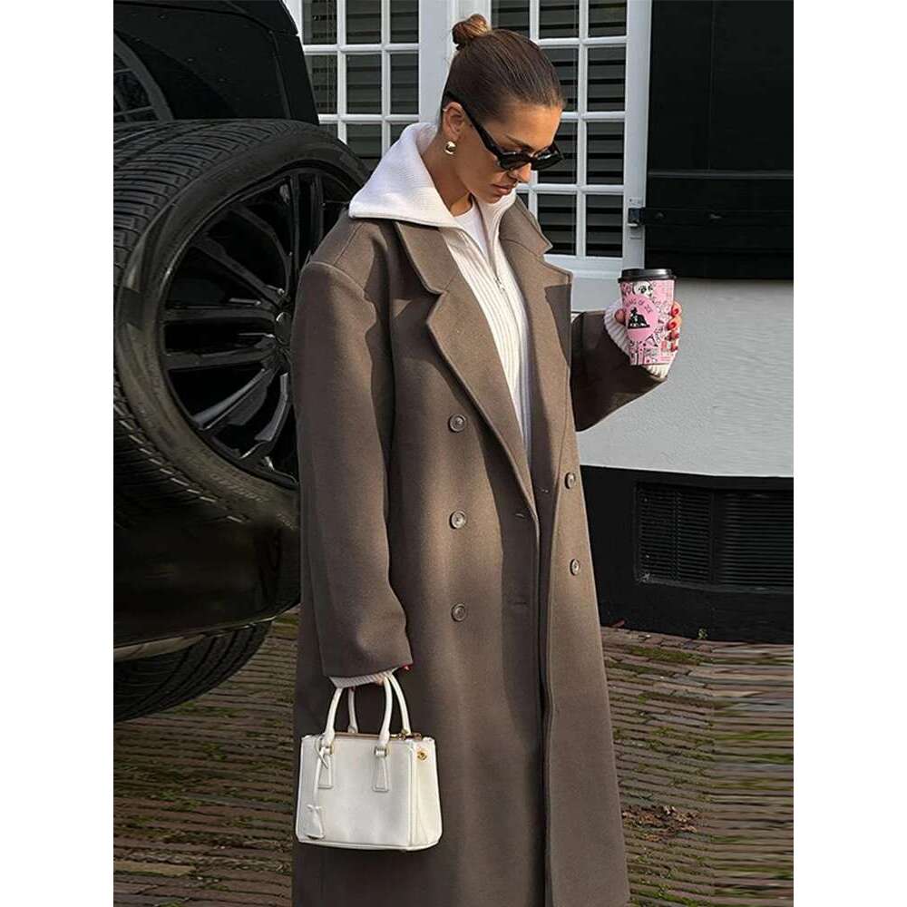 Women's Coat Casual Woolen Women Oversize Coat Solid Lapel Double Breasted Pocket Female Overcoat Autumn Winter Retro Lady Streetwear