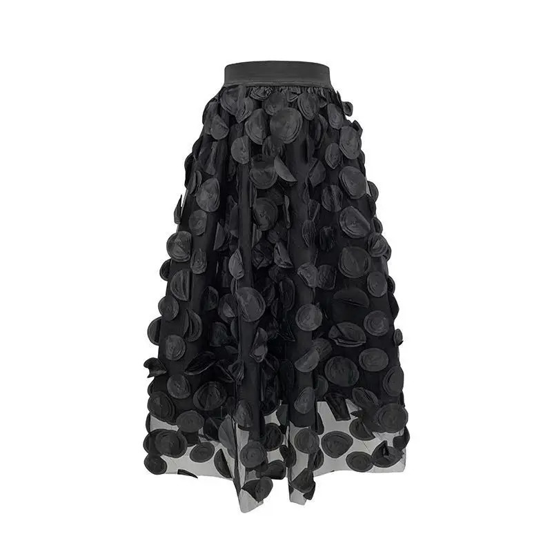 Women Polka Dot 3D Tulle Mesh Skirt Vintage Elastic Waist Long A-line Tutu Skirt 250317