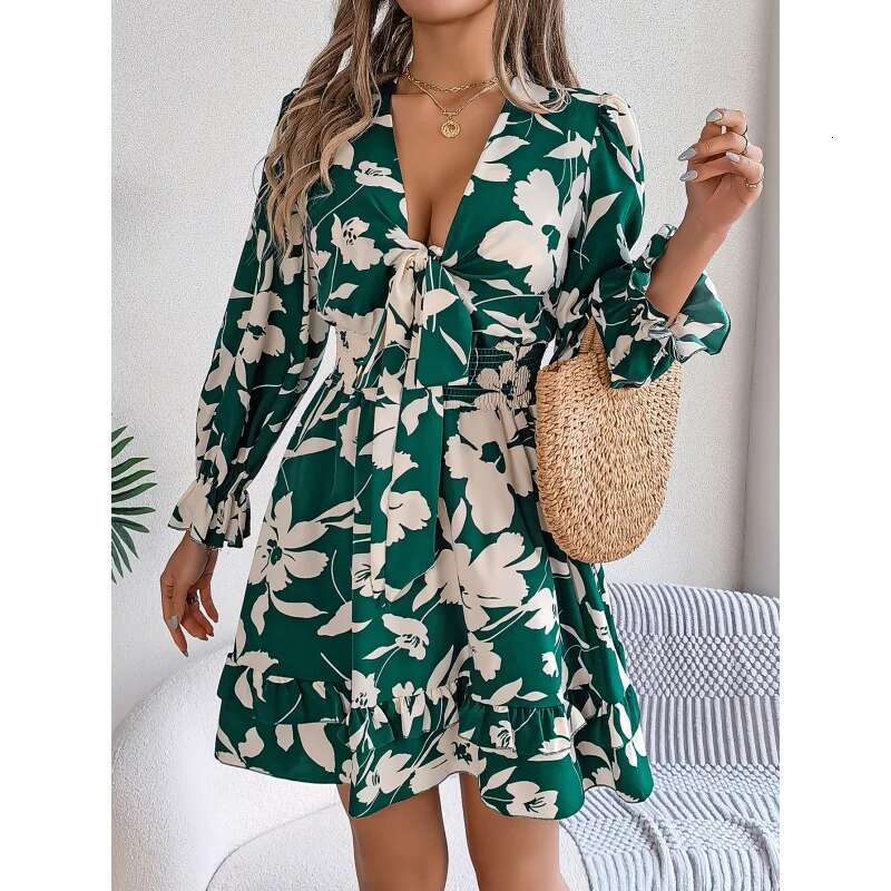 Dongdumaoyi Herfst Winter Casual Bloemen Stropdas Lange Mouwen Ruches Rand Damesmode Jurk C