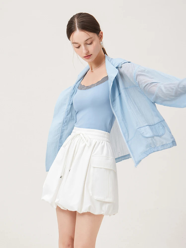 FSLE summer sun protection clothing light blue short sleeved womens hooded jacket thin loose long top 24FS12958 250326