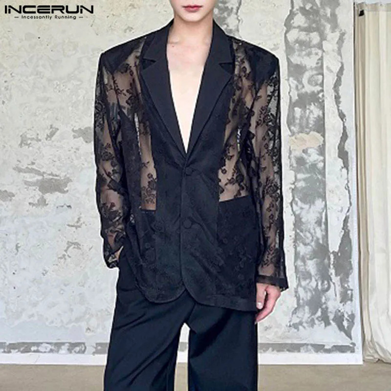 INCERUN Mens Jacket Lace Patch Work Transparent Collar Long Sleeve Casual Street Clothing Fashion Party Thin Coat S5XL 250326
