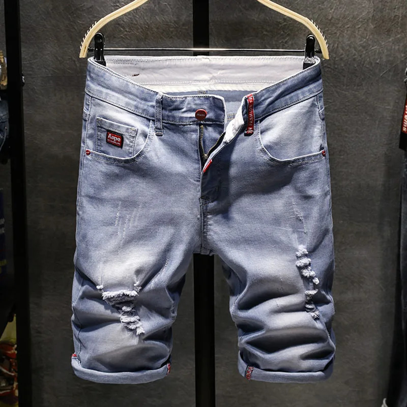 mens thin denim fashion shorts washed slim casual jeans Destroyed Ripped Plus size 250326