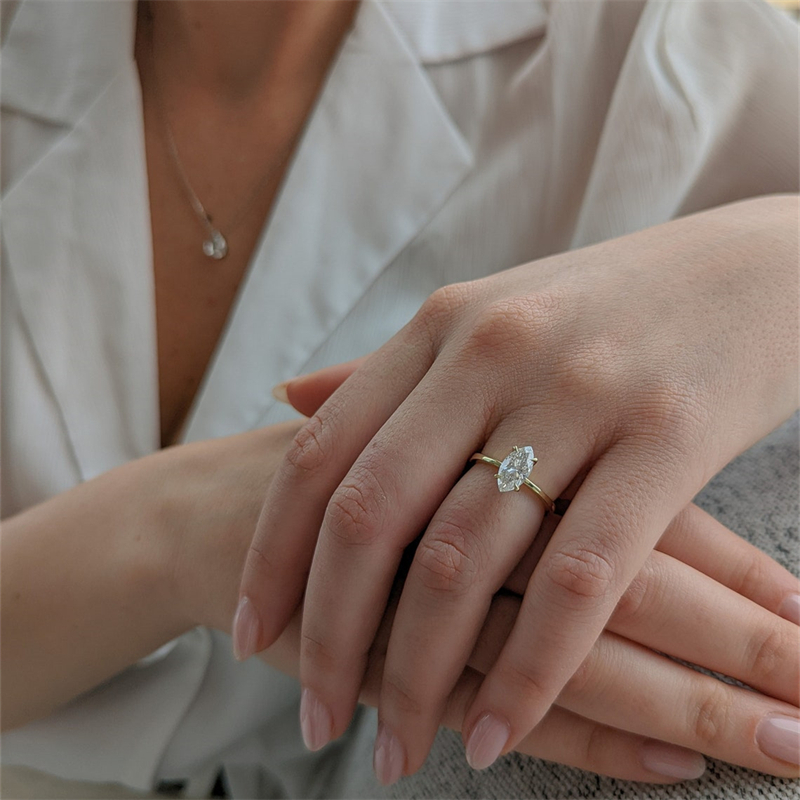Jewelry Solid Gold Ring 1.5 Carat Marquise Engagement Sollitaire Ring For Women 14K Real Gold Thin Band Simple Design Womens Gold Ring