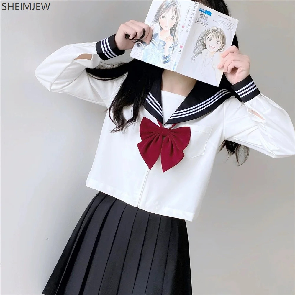 Japanese school uniform cute girl Jk suit black collar white three piece set campus sailor bow long sleeved 250326