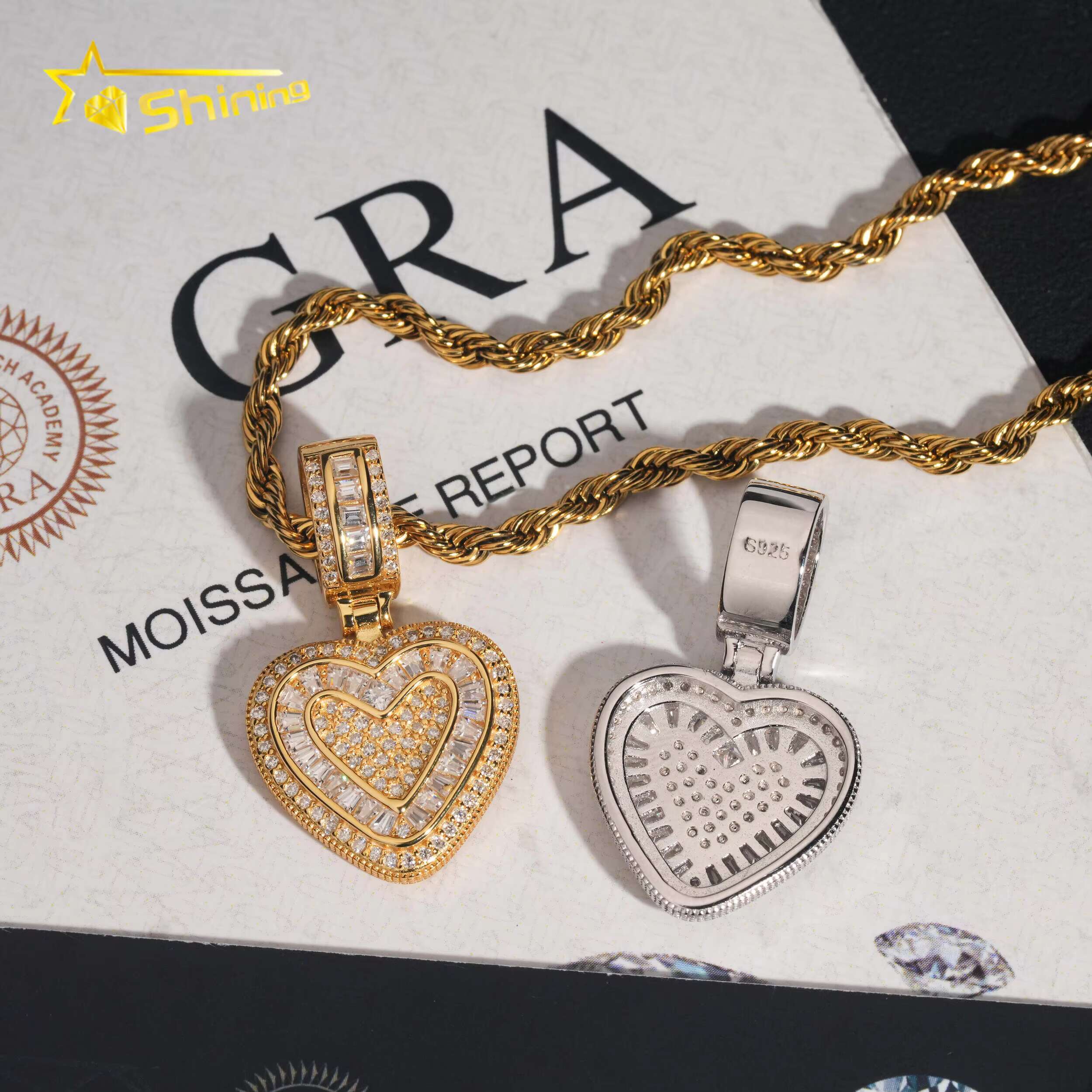 Baguette Mossanite Pendant 925 Sterling Silver VVS Moissanite Iced Out Diamond Heart Pendant Fine Jewelry Ready to Ship
