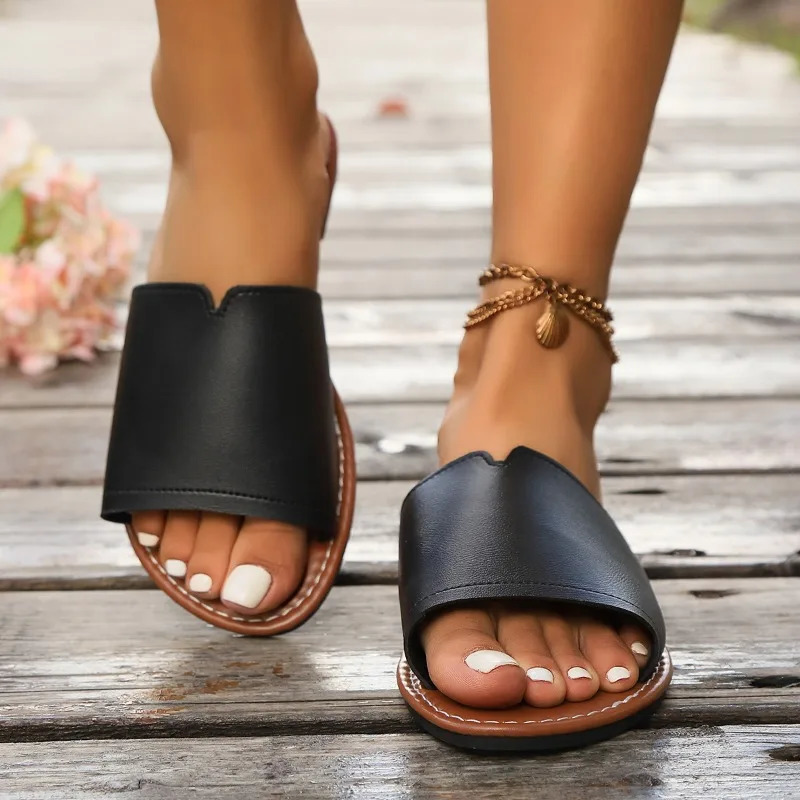 Real Cow Leather Sliding Block Indoor House Summer Open Toe Sandals Casual Shoes 250317