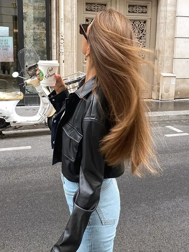 Womens PU leather jacket long sleeved lapel button down jacket pleated jacket with pockets spring and autumn womens jacket 250322