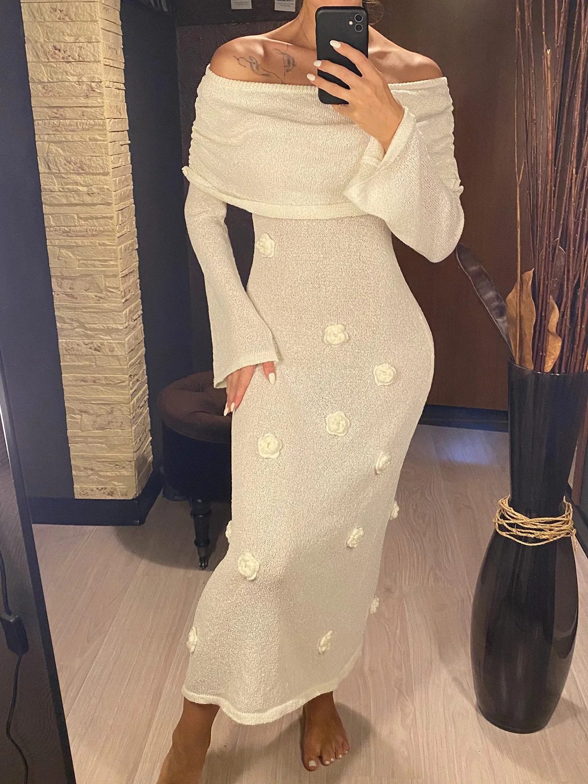 Casual Knitted Long Dress Elegant Flower Beach Long Dress Fashionable Ultra Thin Party Dress Unique Womens Evening Dress V6186 250324