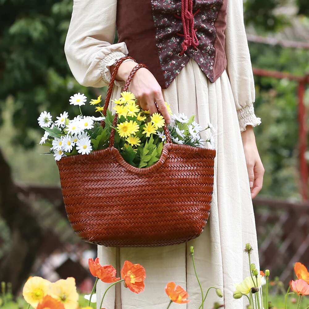 Handbags Women's Genuine Leather Shoulder Weaving Casual Shopping Bag Vintage Big Tote Purse Cowhide Cross Hand Bags Lady