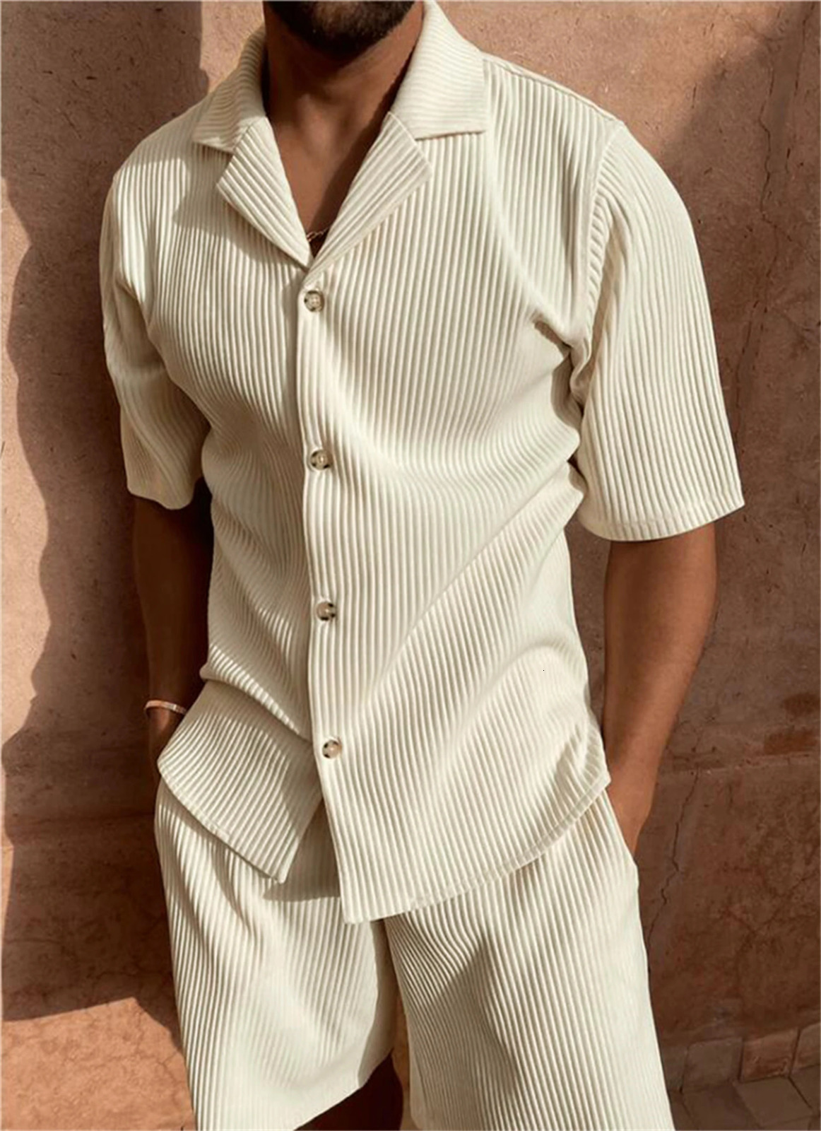 Spring/Summer Solid Color Corduroy Short Sleeve Shirt and Short Stretch Beach Casual Set 250326
