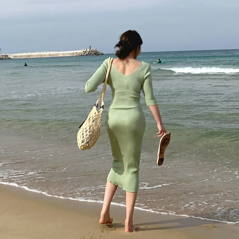 Dongdaemun Korean Womens Half Sleeve Knitted Dress Long Sexy Weight Loss Smooth Silhouette Summer Style Womens Clothing 250322