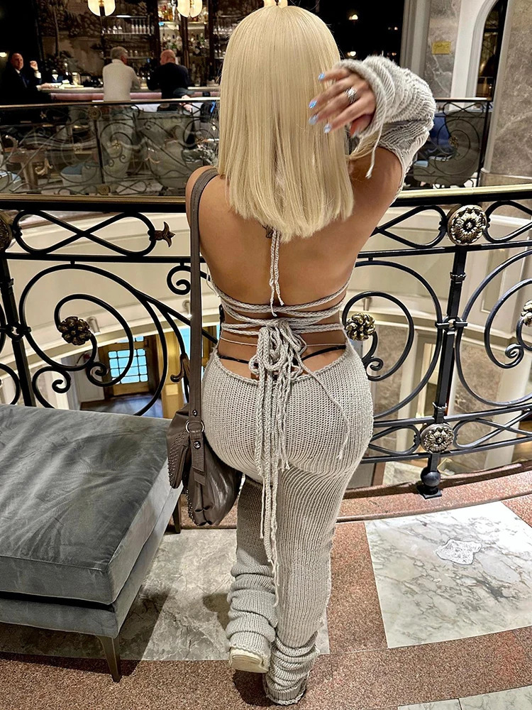 Weird Puss Bandage Knitted Strap HoodieGloves Womens Elastic Sexy Club Backless Hollow Tight Street Stacking Exercise Top 250326