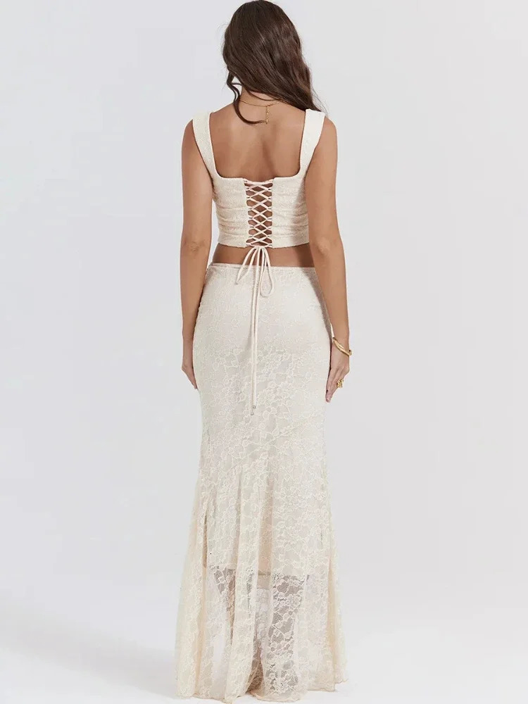 Olgai Elegant Wedding Guest Dress Womens Lace 2piece Set Beige Cut Top and Long Sexy Formal Event 250326