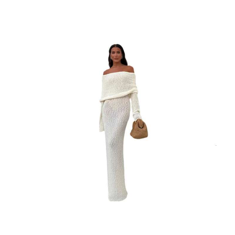Dongdumaoyi Zomer Nieuwe Dames Off Shoulder Gebreide Jurk Slanke Effen Kleur Lange C