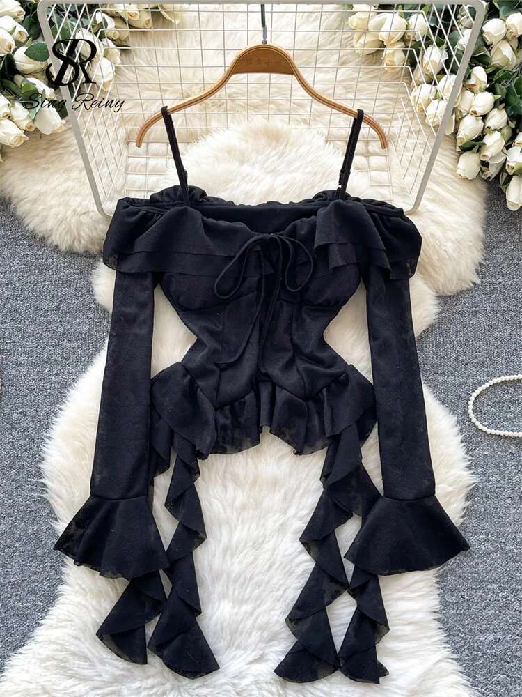 hoodie Korean Off Shoulder Sexy Blouse Female Long Flare Sleeves Ruffles Beach Shirt Summer Irregular Ral Hotsweet Top jacket