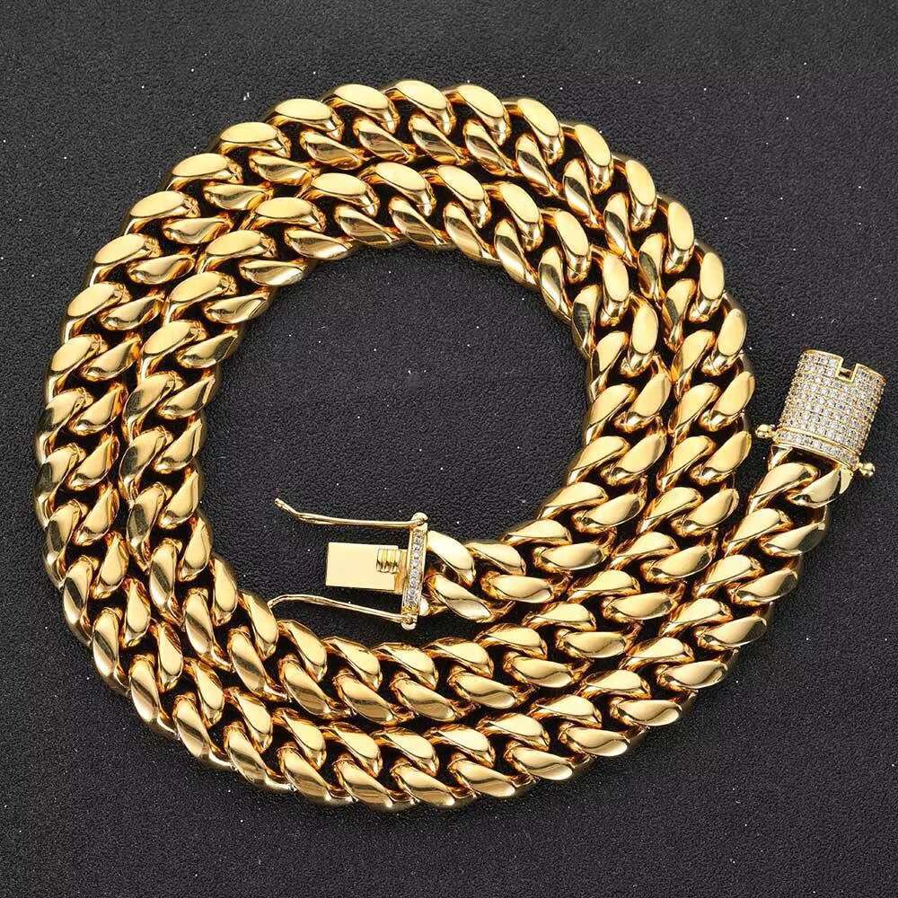 Hip Hop Fashion Jewelry Fine Polished Stainless Steel Chain 18K 12MM Gold Plated Customized Logo Men's Cuban Link Chain Necklace