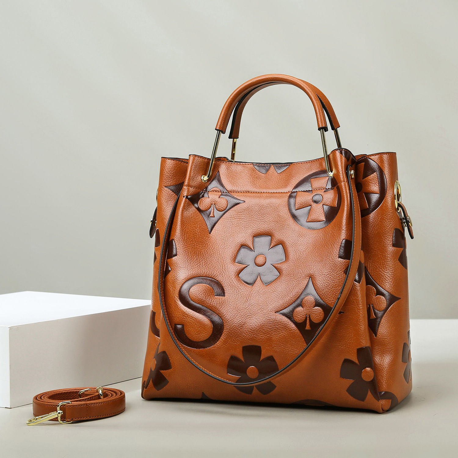 Bucket Large Capacity Handbag, High-End Printed Contrasting Single Shoulder Work Commuting Bag, Women's Bag