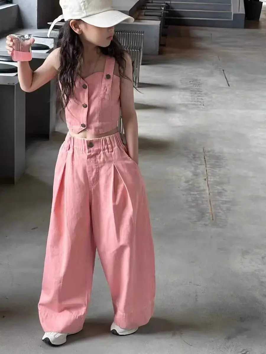 Childrens clothing girls denim summer suit teenagers vest loose straight leg pants two-piece set KoreanT250327