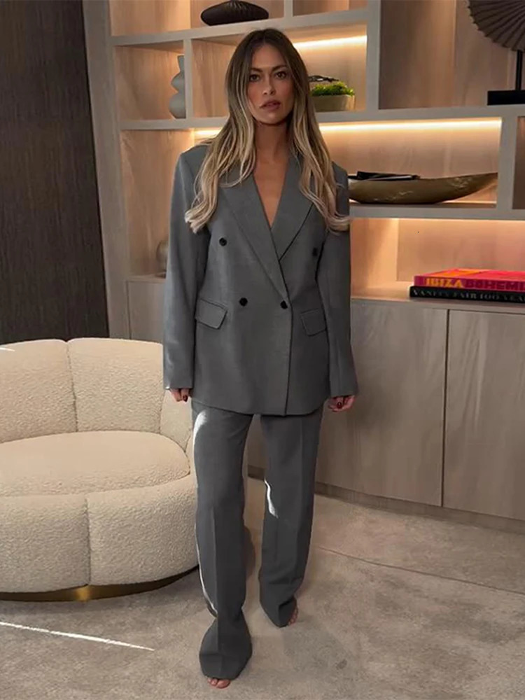 Womens Office Set Elegant Collar Button Full Sleeve Jacket Loose Waist Long Trouser Fashion Street Clothing 250326