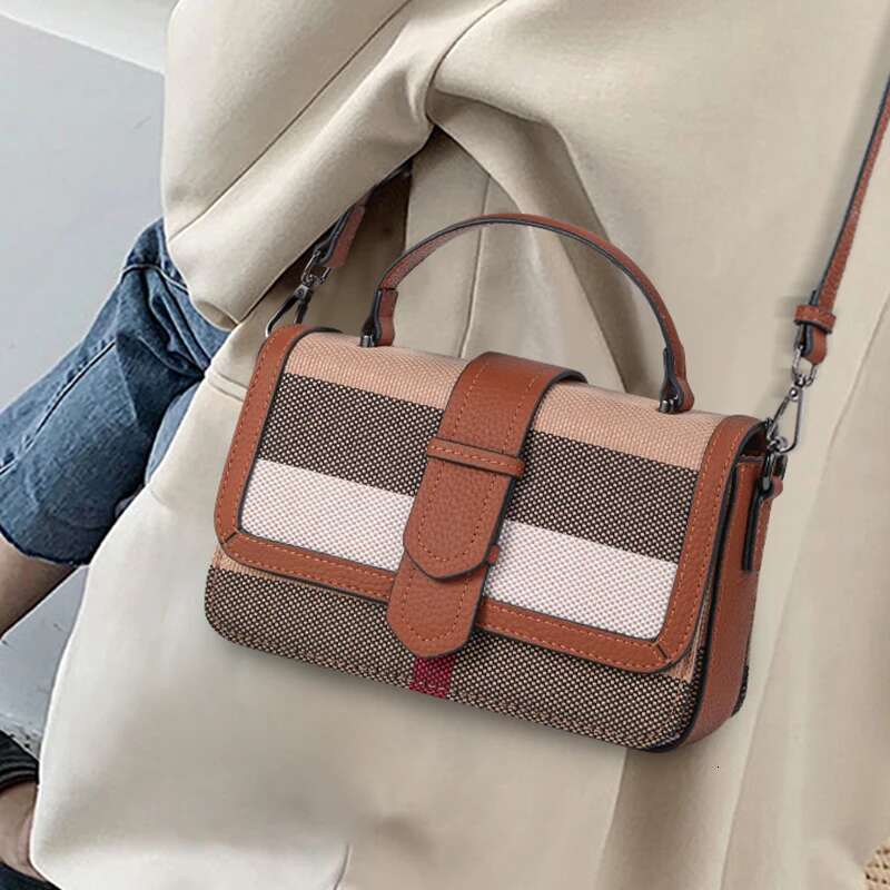 New Women's Single Shoulder Crossbody With Plaid Pattern Canvas And High-Quality Cowhide Small Square Bag