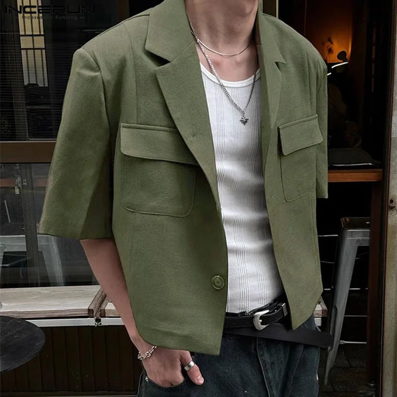 INCERUN Mens Solid Color Collar Short Sleeve Button Pocket Casual Set Street Clothing Fashion Jacket S5XL 250326