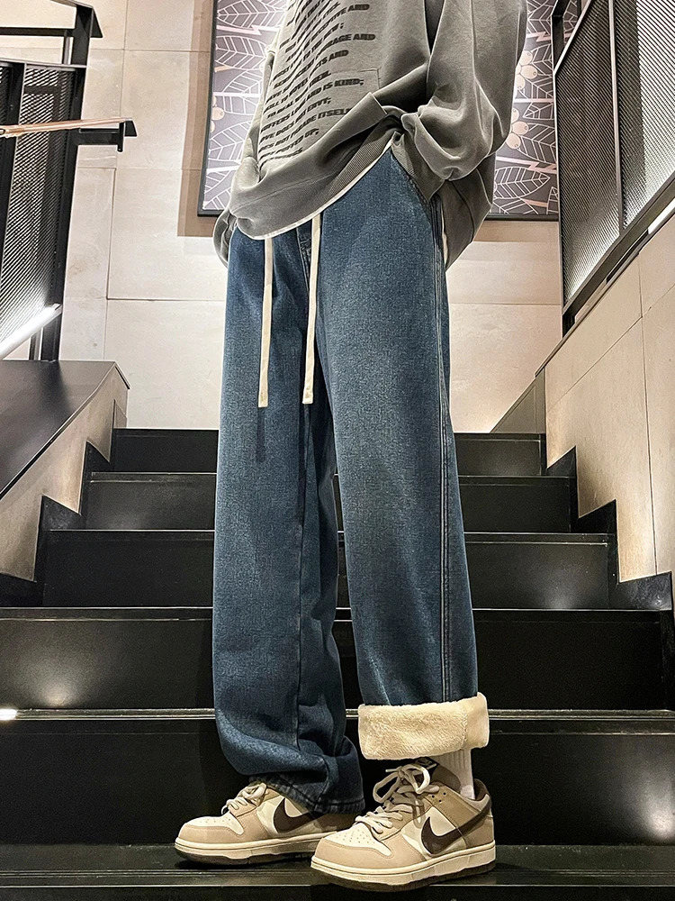 Winter Mens Jeans Korean Fashion Fleece Liner Thick Warm Straight Denim Pants Washed Cotton Retro Blue Wide Leg Jean Trousers 250317