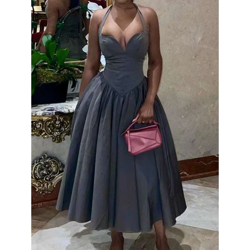Dongdumaoyi Vrouwen Lente Hoogwaardige Sexy Deepvhalter Backless Rode Mid Lange Rok Vrouwen Jurk C