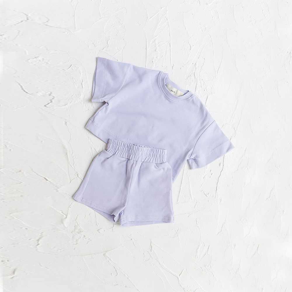 Preschool and childrens clothing fashion summer clothing set short sleeved solid color top short sleeved 2PCS casual childrens clothing setT250327