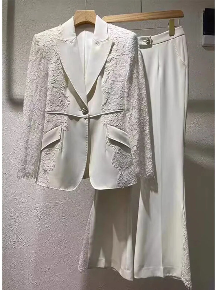 HIGH STREET Latest Runway ner Set Womens Lace Patch Work Order Button Jacket Flame Pants 2piece 250326