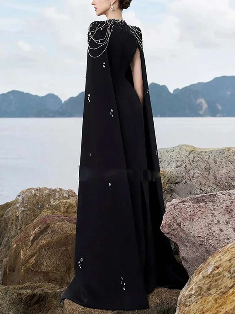 HIGH STREET Newest 2025 Designer Vestido Women's Dias Beaded Chains Cape Sleeve or Length Maxi Long Dress