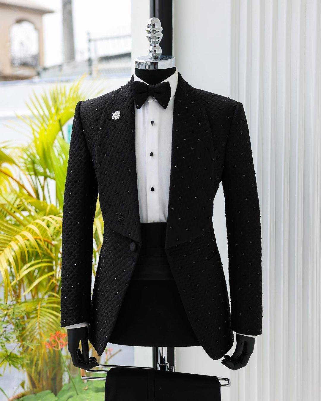 Black Spring Men Suits Set 2 Piece Blazer+Pant Trousers Crystals Beaded Customized Groom Wedding Tuxedo Formal Office Prom Jacket(Coat+Pants)