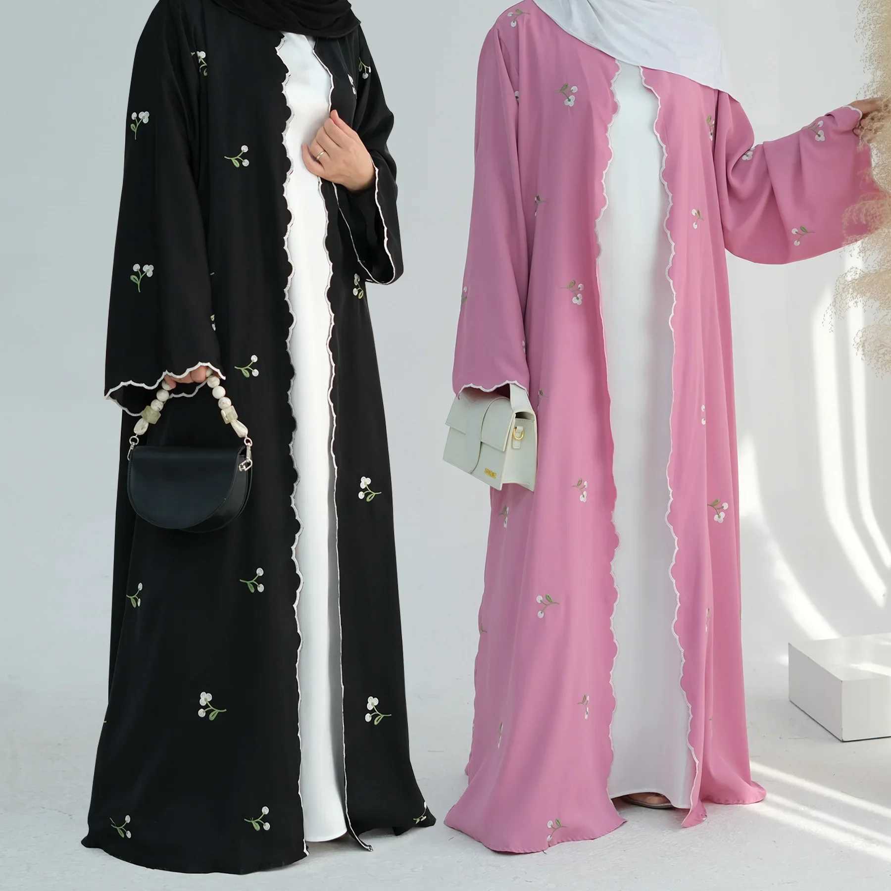 Women Elegant Front Open Wavy Abaya Dubai Embroidery Flower Cardigan Muslim Loose Burqa Islamic Long Slved Dress Robe Kaftan X250514