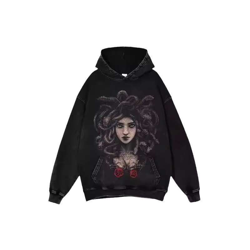 New American street style Y2K printed hip-hop washed distressed unisex loose hooded sweatshirt gift for man