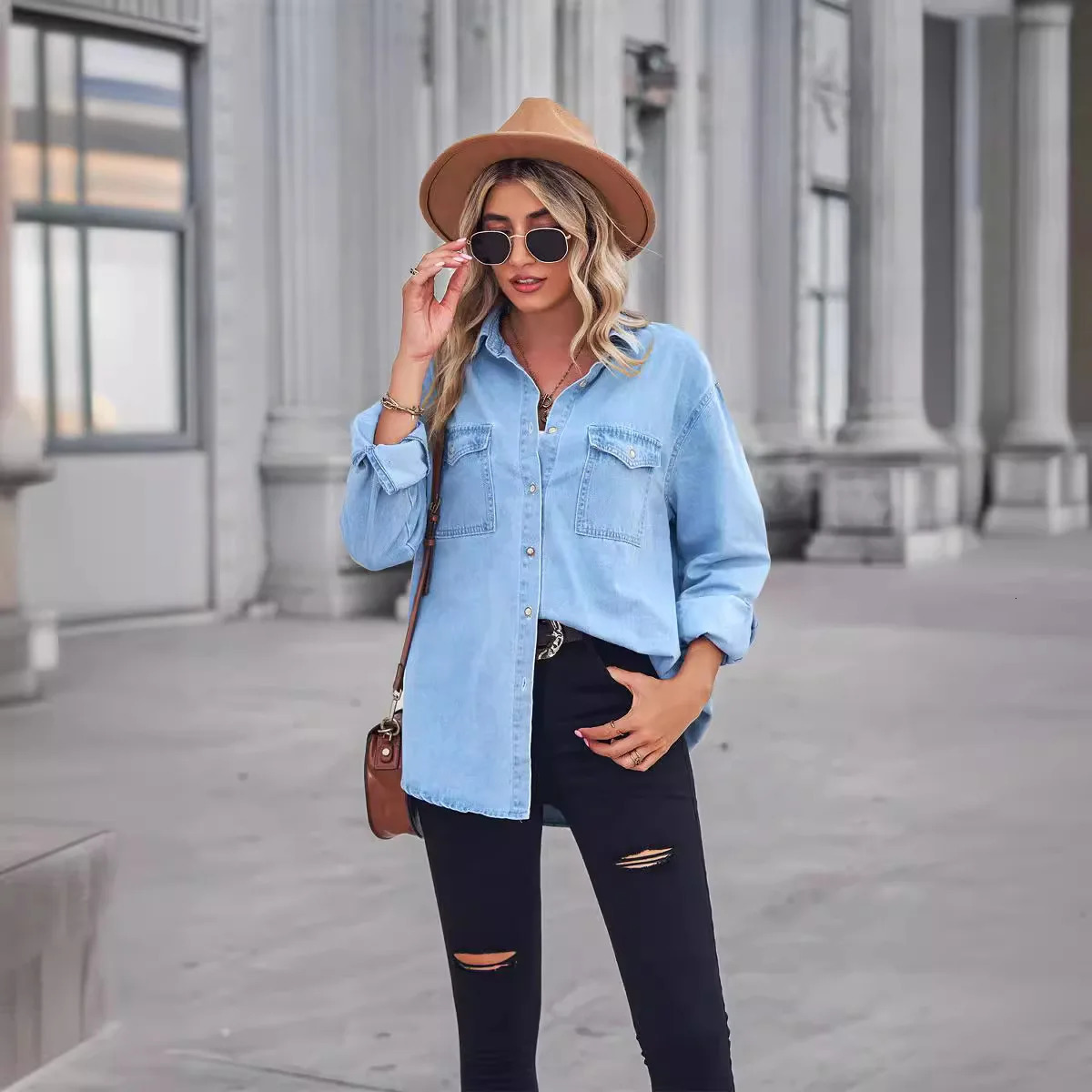 Laundry denim shirt top with spring collar single breasted womens pure blue casual pocket jacket 250326