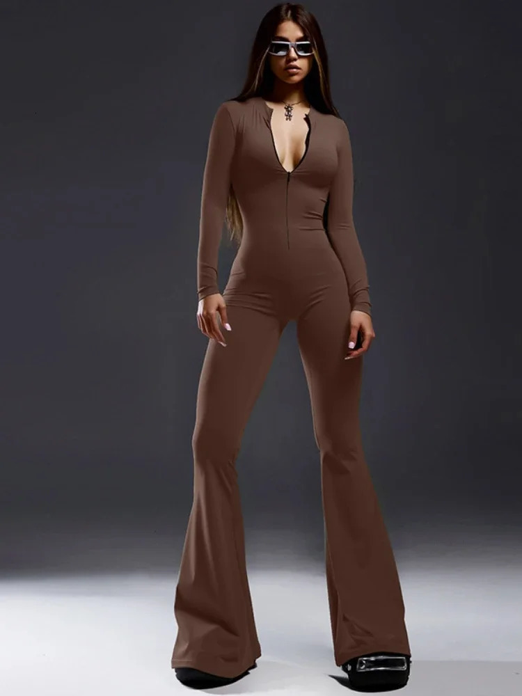 Xiaotang Fashion Long Sleeve Tight Sexy jumpsuit Womens outerwear AutumnWinter Solid Zipper Sports Fitness 250326