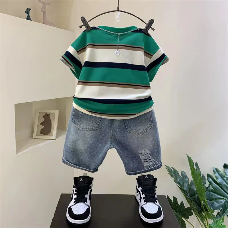 Boys Summer Boutique Outfits Cotton Set Baby Boys Short Sleeve Shirt Jeans Shorts 2pcs Clothing Children 6 7 8Y 250326