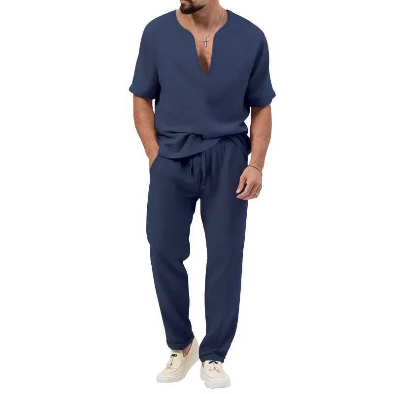 Mens summer two-piece casual sportswear European and American mens solid color cotton linen short sleeved pants setXJ250326
