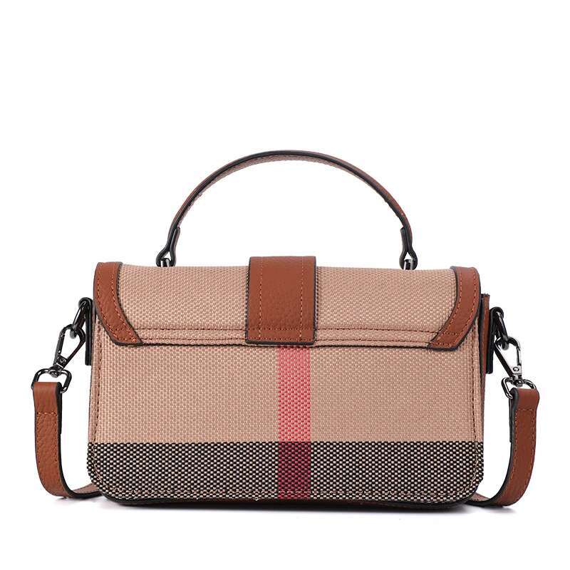 New Women's Single Shoulder Crossbody With Plaid Pattern Canvas And High-Quality Cowhide Small Square Bag