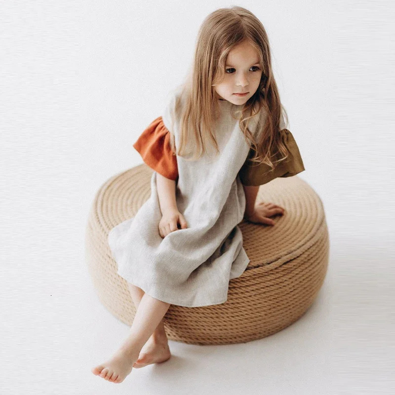 Girls Natural Linen Patchwork Dress Summer Baby Kids Flare Sleeve Casual Cotton And Linen Dresses Childrens Clothing TZ045 250326