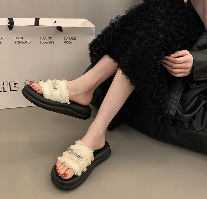 designer shoes new Women's silver buckle letter cloth upper cool slippers ummer suitable for outdoor wear on the beach half-slippers with thick s