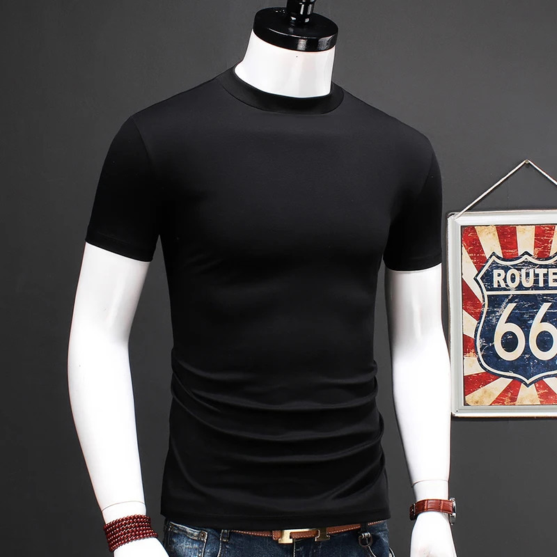 Summer mens turtle neck short sleeved Tshirt dual commodity cotton ultrathin fit fashionable pure black 250327